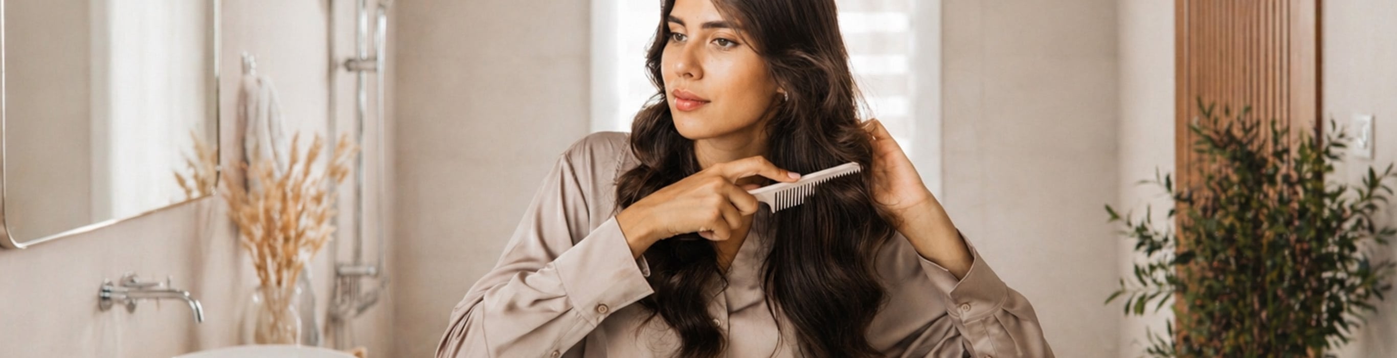 Woman gently combing her long hair, illustrating a healthy haircare routine for thinning hair.